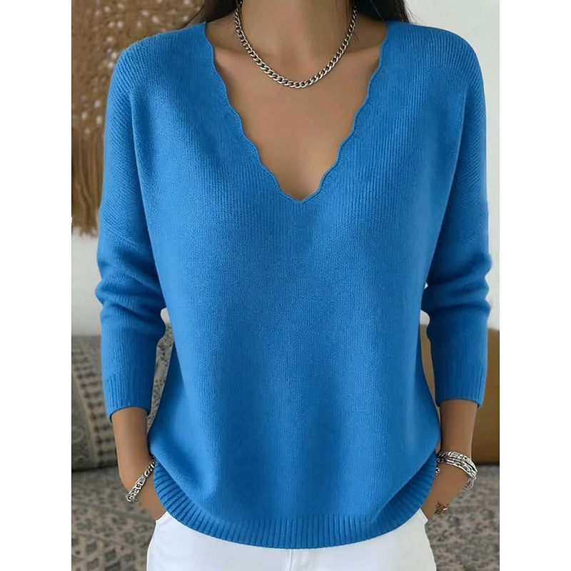 Scalloped V-Neck Sweater for Women with Long Sleeves and Ribbed Hem in Royal Blue, front view
