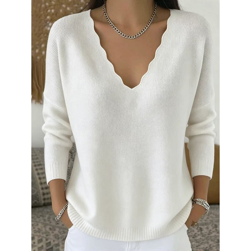 Scalloped V-Neck Sweater for Women with Long Sleeves and Ribbed Hem in White, front view