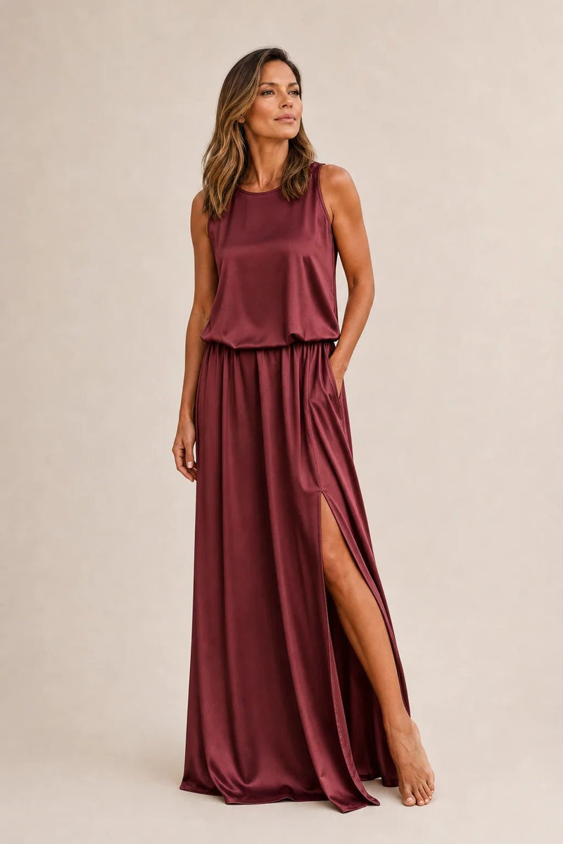 Sofaine Colette sleeveless round-neck maxi dress in burgundy with side slit, worn front view