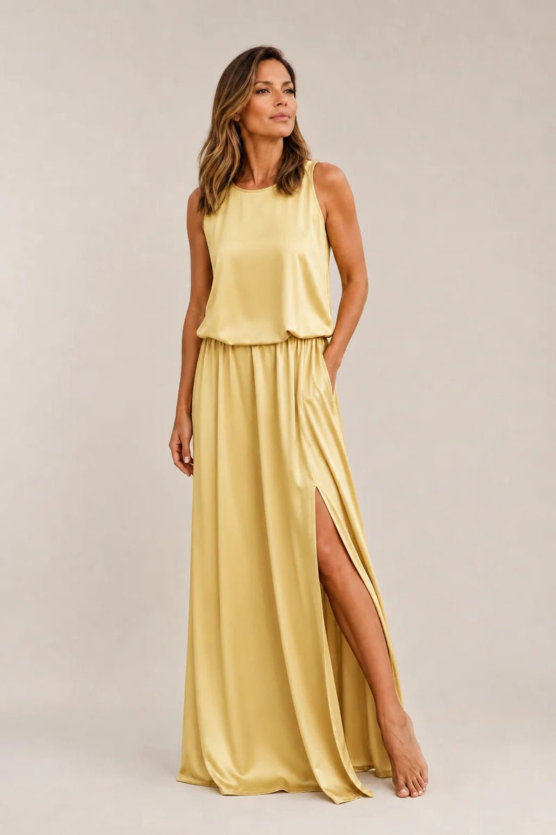 Sofaine Colette sleeveless round-neck maxi dress in pale yellow, styled full look