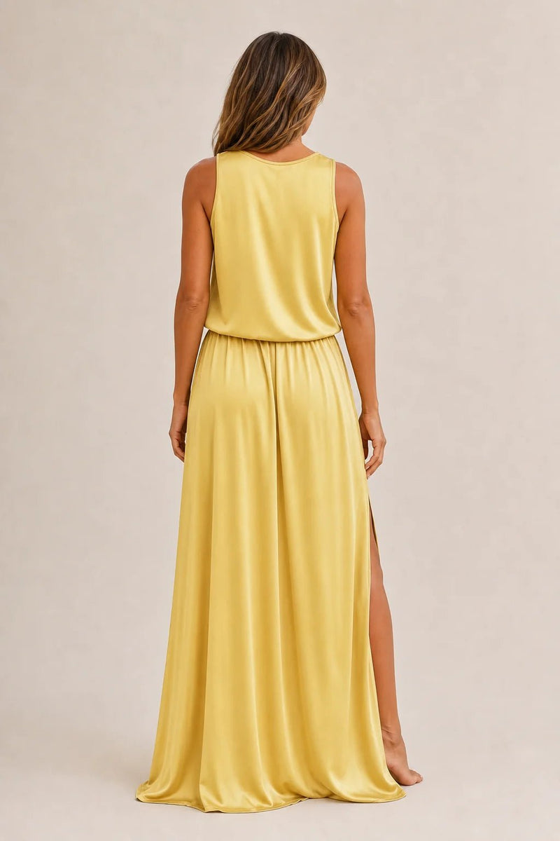 Sofaine Colette sleeveless maxi dress in pale yellow with elastic waist, back view
