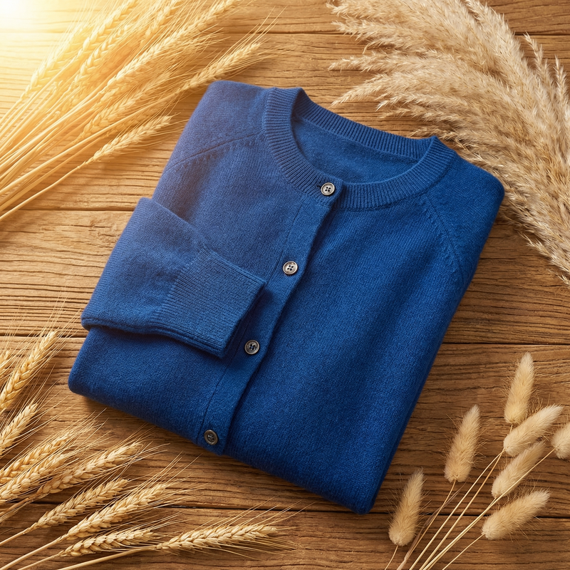 Classic Crew Neck Cardigan for Women with Button Front and Ribbed Trims in Blue, folded flat lay