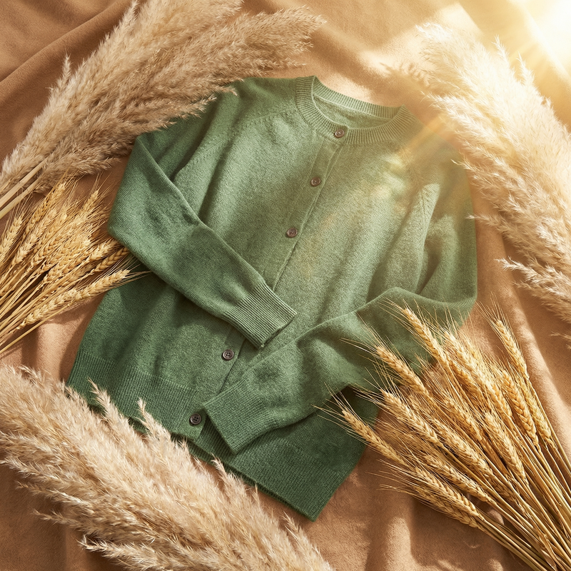 Classic Crew Neck Cardigan for Women with Button Front and Ribbed Trims in Green, flat lay front view