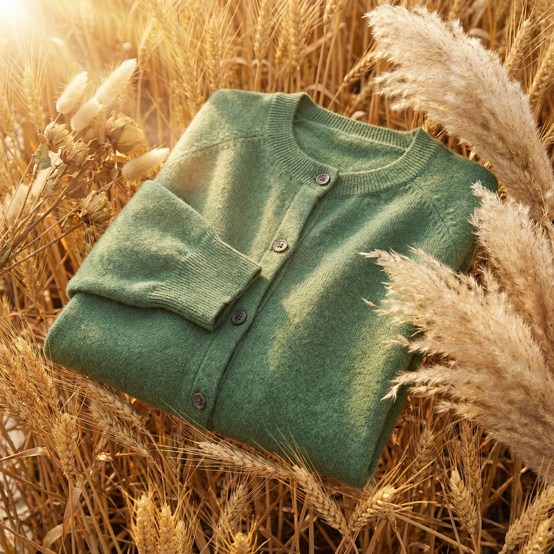 Classic Crew Neck Cardigan for Women with Button Front and Ribbed Trims in Green, folded flat lay