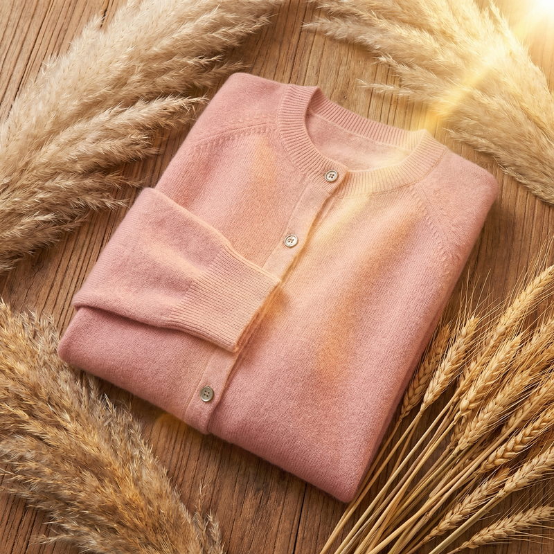Classic Crew Neck Cardigan for Women with Button Front and Ribbed Trims in Pink, folded flat lay