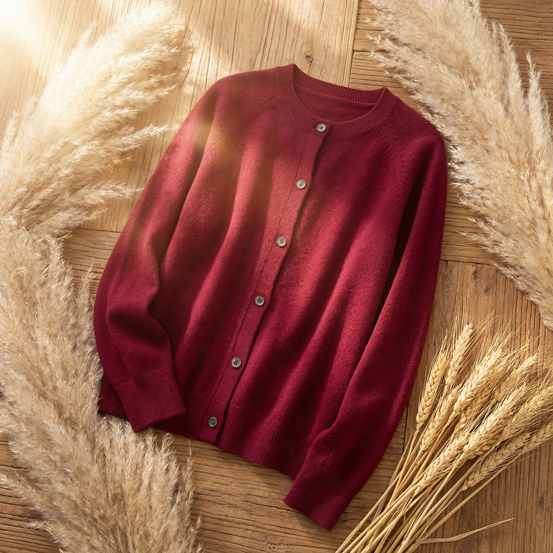 Classic Crew Neck Cardigan for Women with Button Front and Ribbed Trims in Red, flat lay