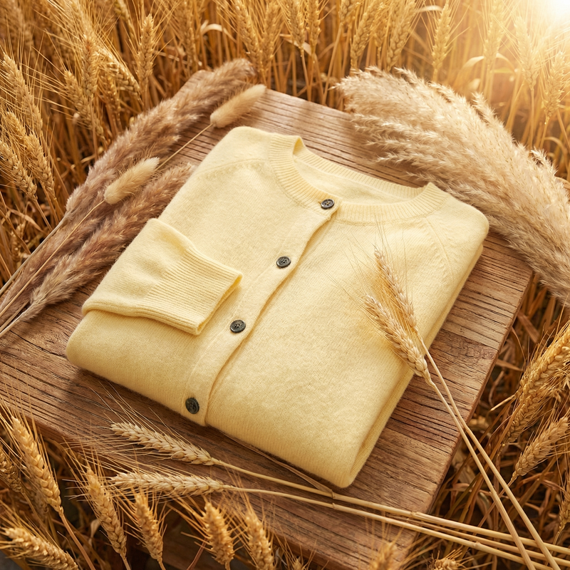 Classic Crew Neck Cardigan for Women with Button Front and Ribbed Trims in Yellow, folded flat lay