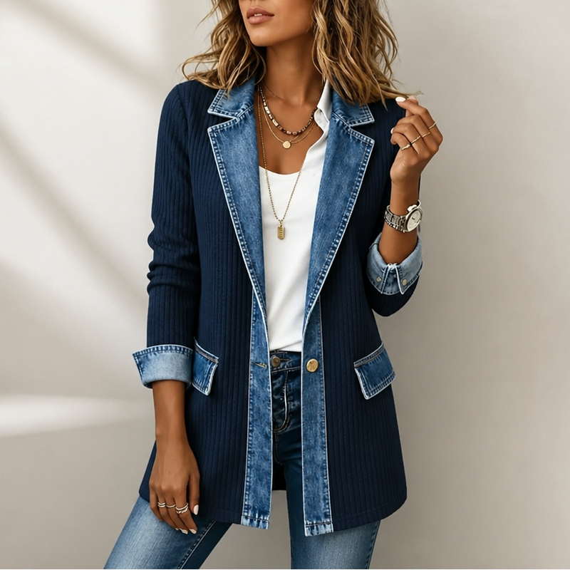 Long Ribbed Knit Cardigan Coat for Women with Denim Lapels and Cuffs in Navy Blue, front view