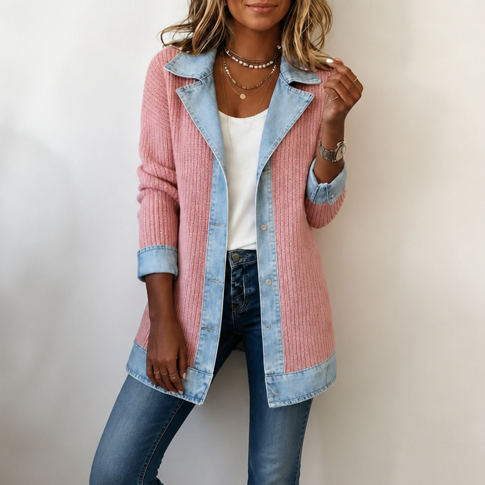 Long Ribbed Knit Cardigan Coat for Women with Denim Lapels and Cuffs in Pink, front view
