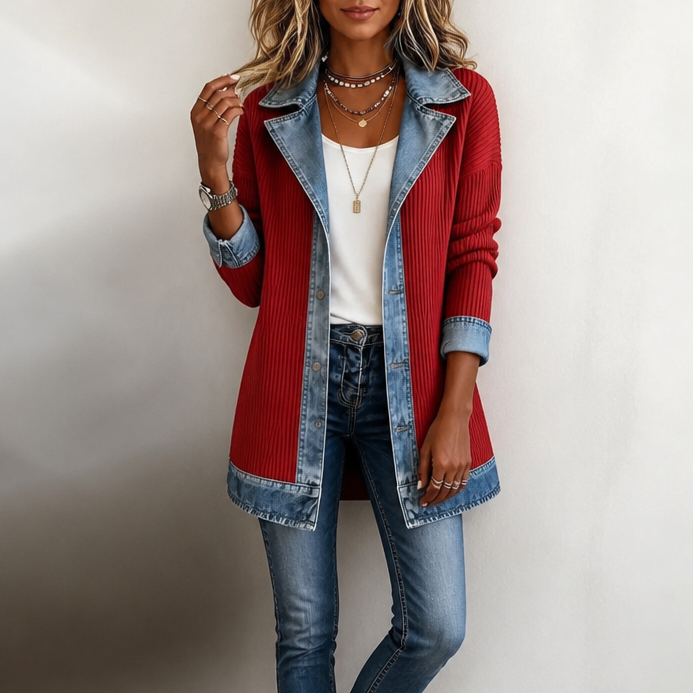 Long Ribbed Knit Cardigan Coat for Women with Denim Lapels and Cuffs in Red, front view