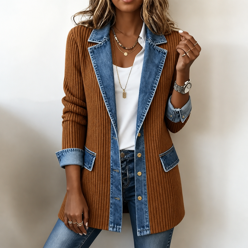 Long Ribbed Knit Cardigan Coat for Women with Denim Lapels and Cuffs in Rust, front view