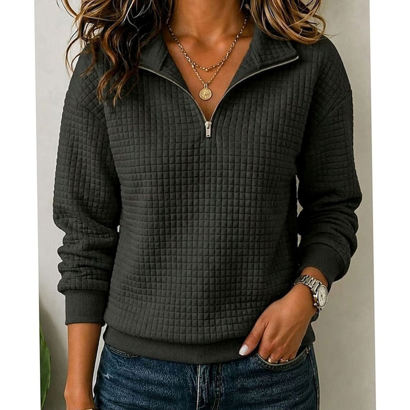 Quilted Quarter Zip Pullover Sweater for Women with Stand Collar in Black, front view
