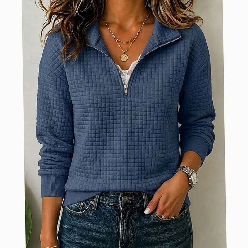 Quilted Quarter Zip Pullover Sweater for Women with Stand Collar in Blue, front view