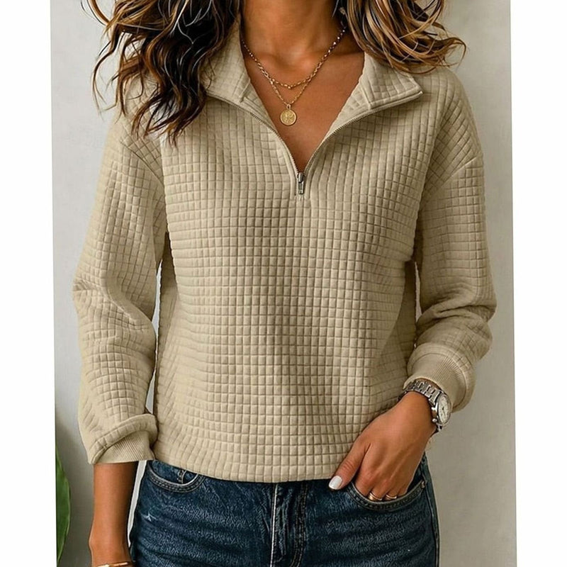 Quilted Quarter Zip Pullover Sweater for Women with Stand Collar in Camel, front view
