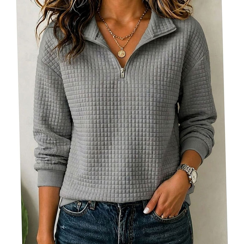 Quilted Quarter Zip Pullover Sweater for Women with Stand Collar in Gray, front view