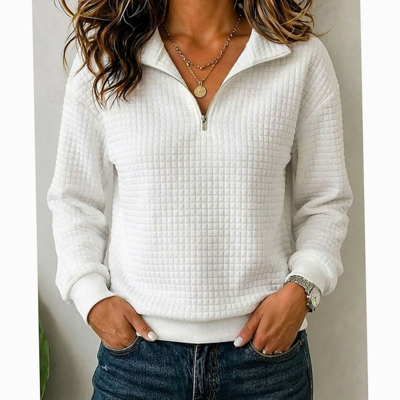 Quilted Quarter Zip Pullover Sweater for Women with Stand Collar in White, front view