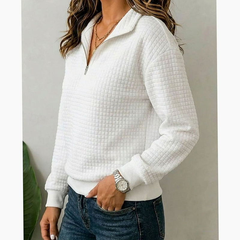 Quilted Quarter Zip Pullover Sweater for Women with Stand Collar in White, side view