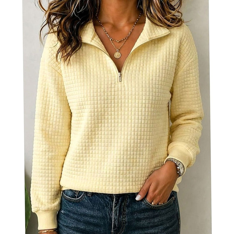 Quilted Quarter Zip Pullover Sweater for Women with Stand Collar in Yellow, front view