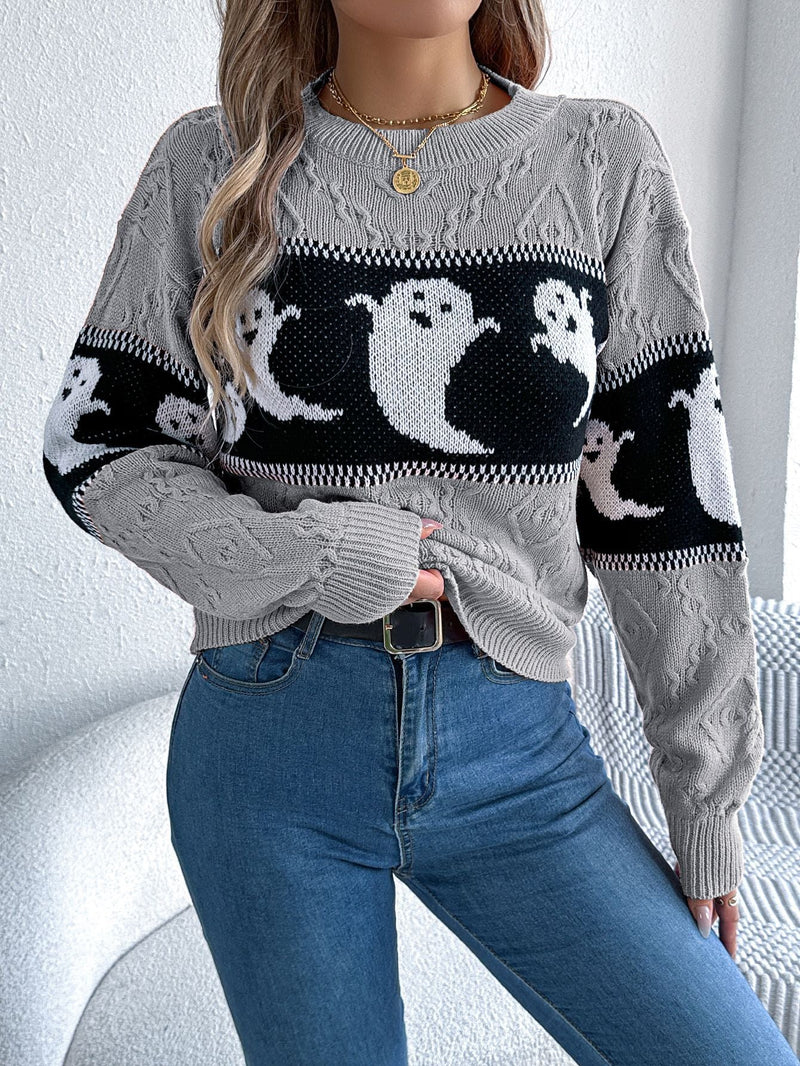 Halloween Ghost Sweater for Women with Crew Neck and Textured Knit in Gray, front view
