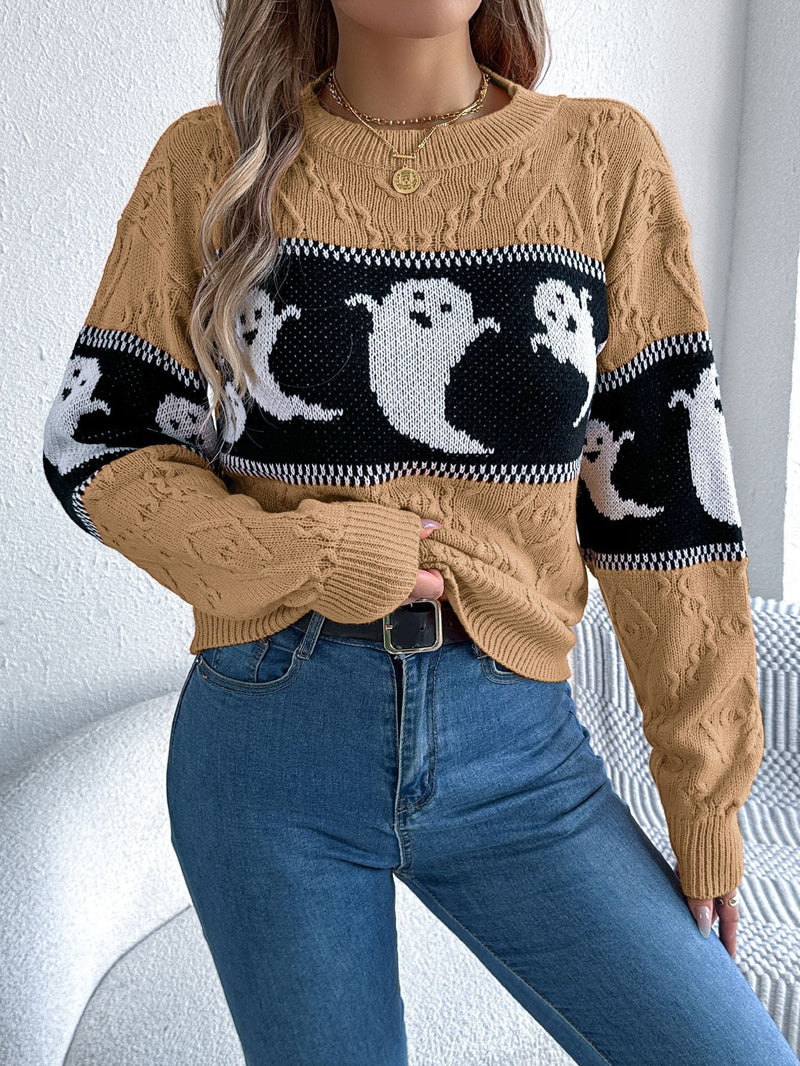 Halloween Ghost Sweater for Women with Crew Neck and Textured Knit in Khaki, front view