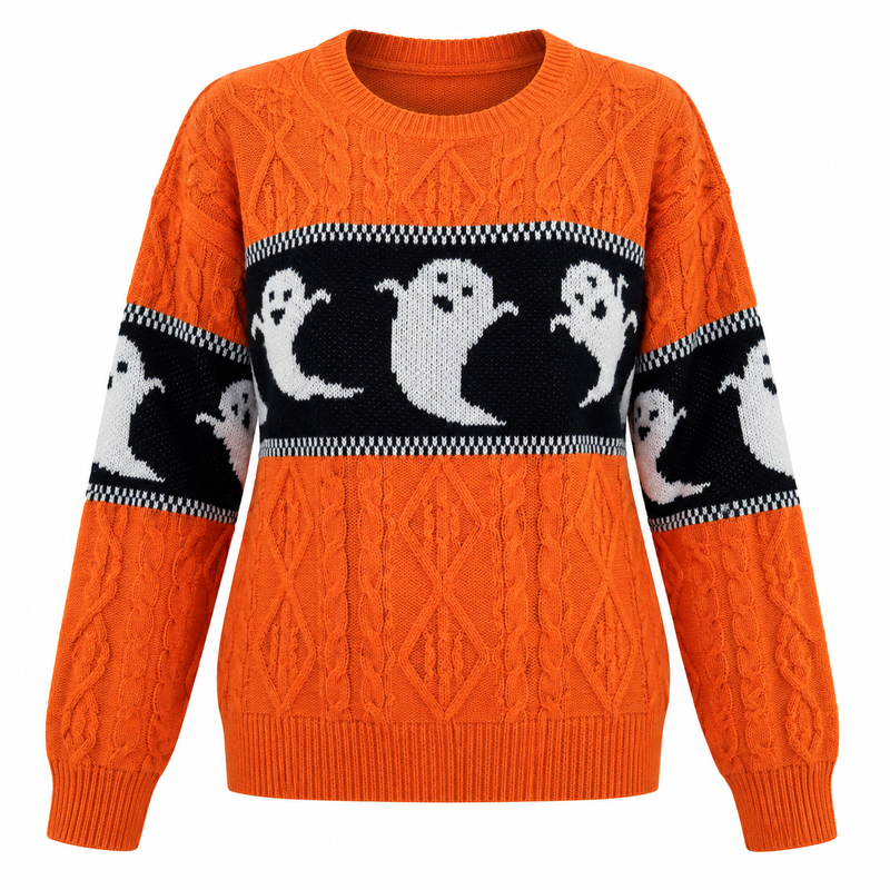 Halloween Ghost Sweater for Women with Crew Neck and Textured Knit in Orange, flat lay