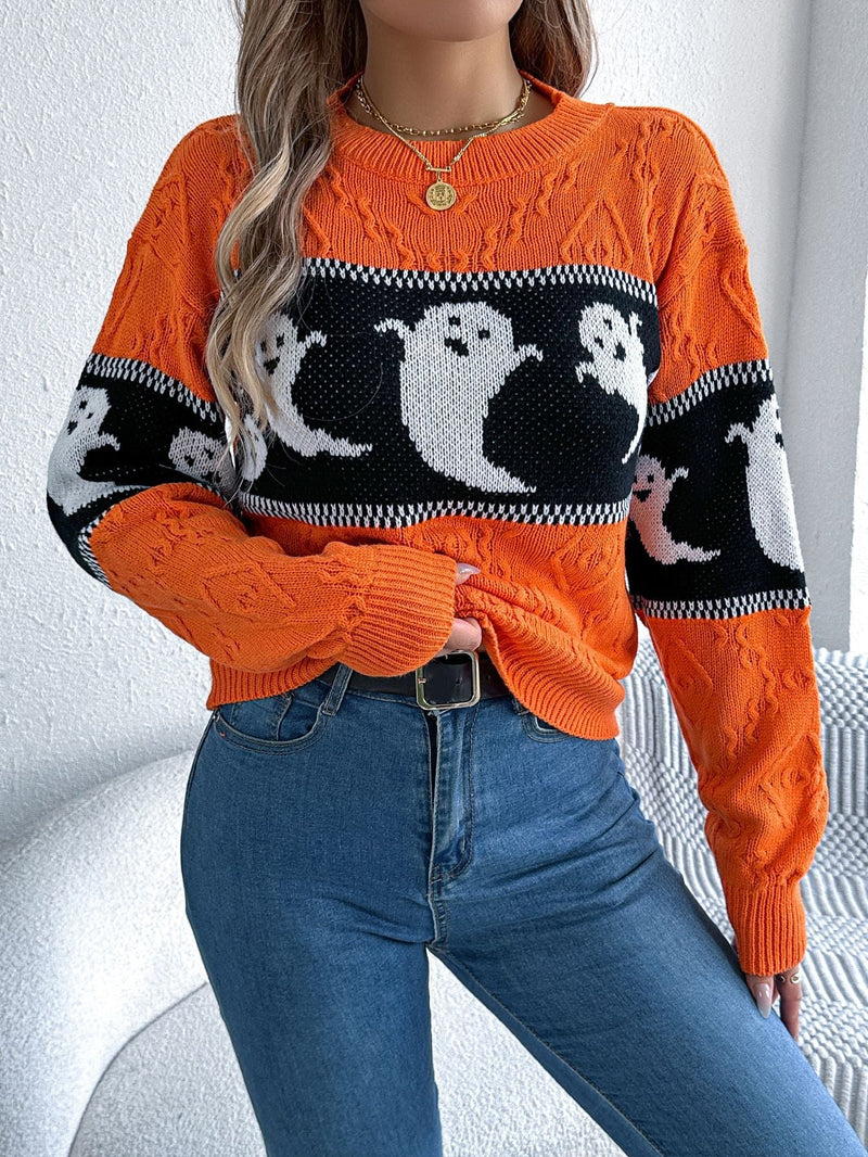 Halloween Ghost Sweater for Women with Crew Neck and Textured Knit in Orange, front view 2