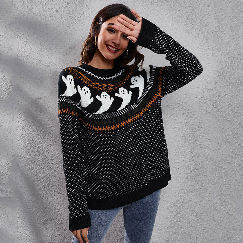 Halloween Fair Isle Sweater for Women with Skull or Ghost Yoke in Ghost Black, front view