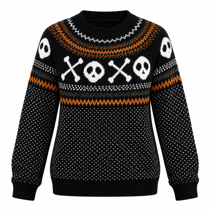 Halloween Fair Isle Sweater for Women with Skull or Ghost Yoke in Skull Black, flat lay