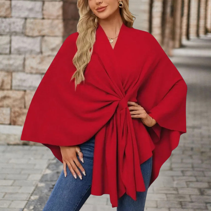 Knitted Poncho Cape for Women with Twist Front and Batwing Sleeves, front view 7