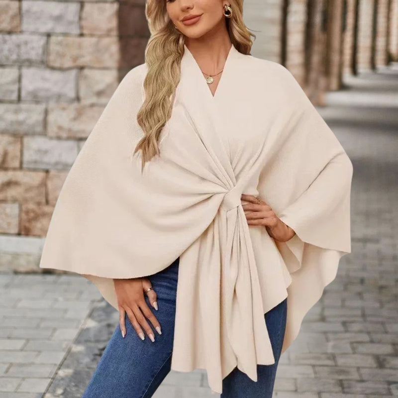 Knitted Poncho Cape for Women with Twist Front and Batwing Sleeves, front view