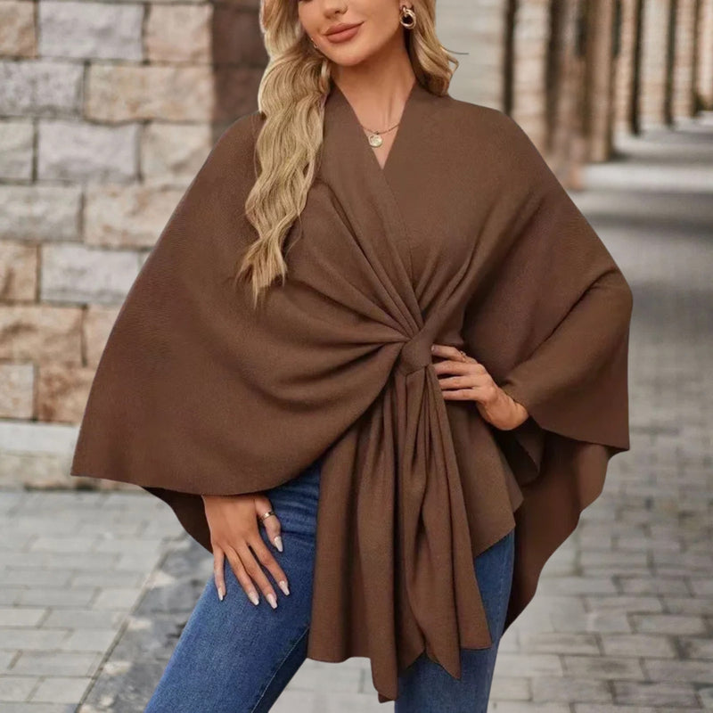 Knitted Poncho Cape for Women with Twist Front and Batwing Sleeves, front view 2