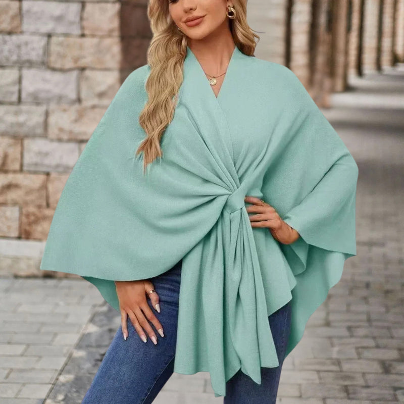 Knitted Poncho Cape for Women with Twist Front and Batwing Sleeves, front view 3