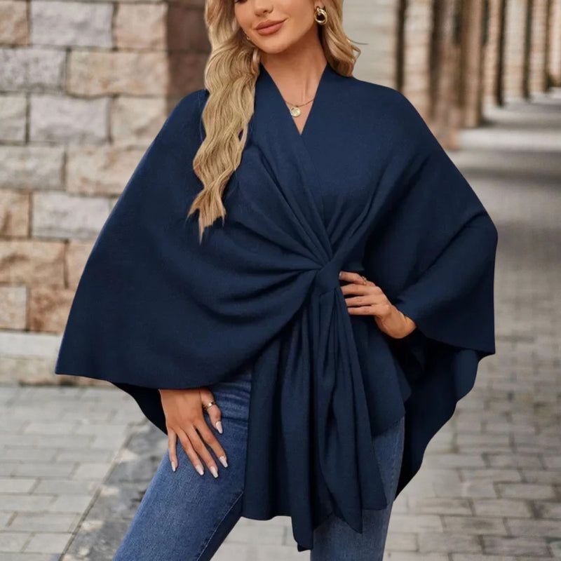 Knitted Poncho Cape for Women with Twist Front and Batwing Sleeves, front view 4