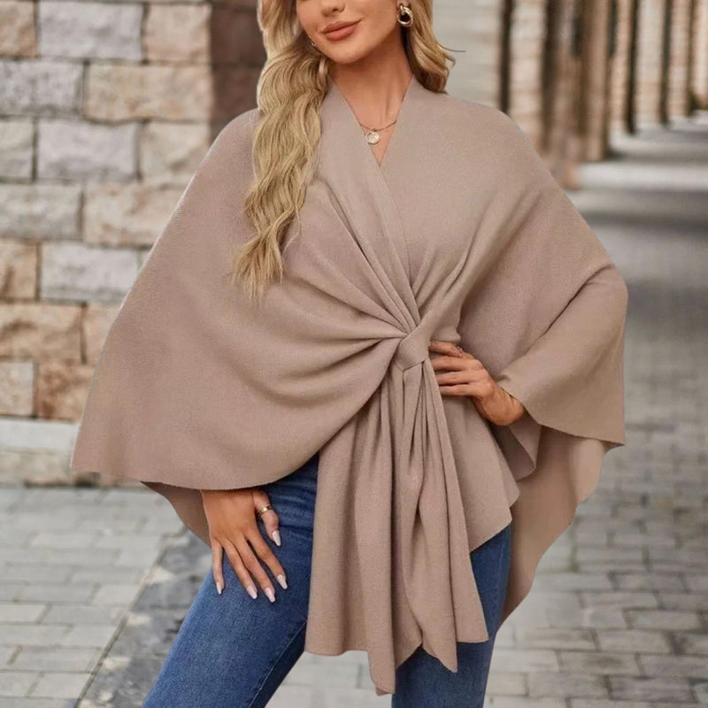 Knitted Poncho Cape for Women with Twist Front and Batwing Sleeves, front view 5