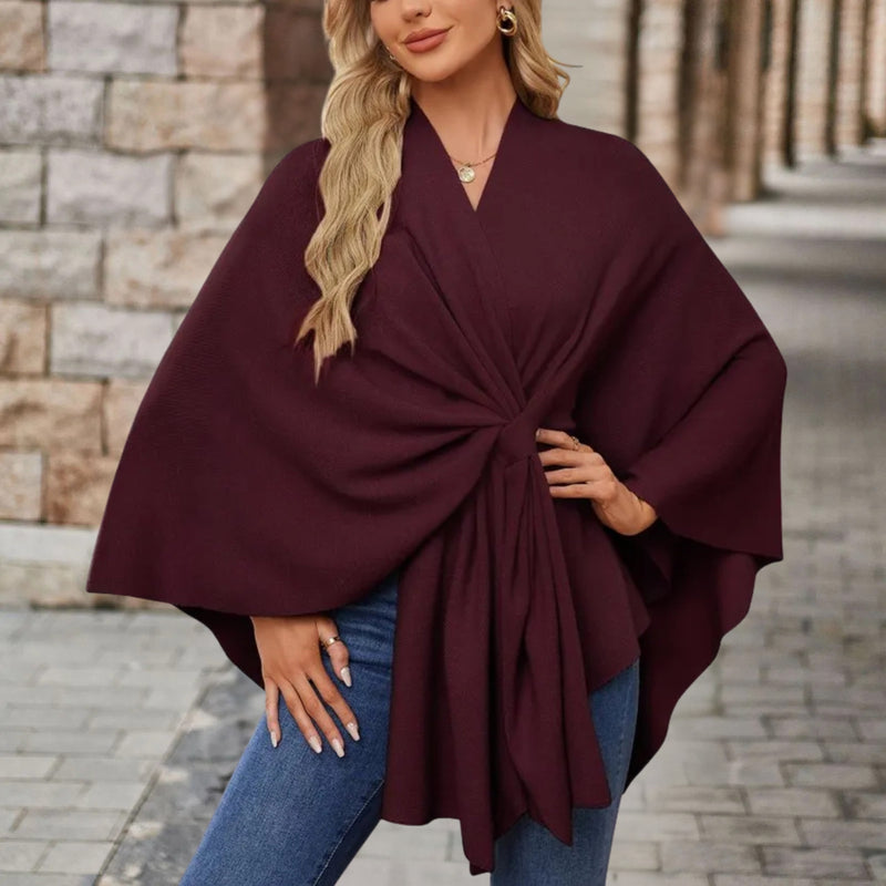 Knitted Poncho Cape for Women with Twist Front and Batwing Sleeves, front view 6
