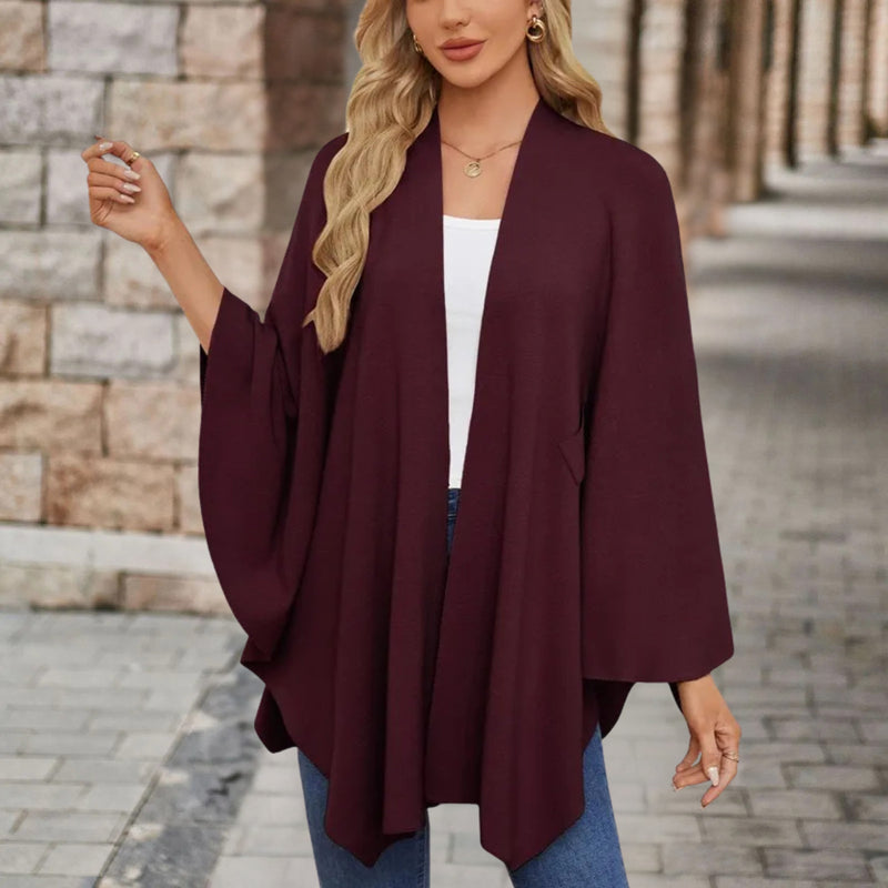 Knitted Poncho Cape for Women with Twist Front and Batwing Sleeves, open front view