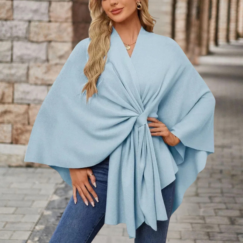 Knitted Poncho Cape for Women with Twist Front and Batwing Sleeves in Sky Blue, front view