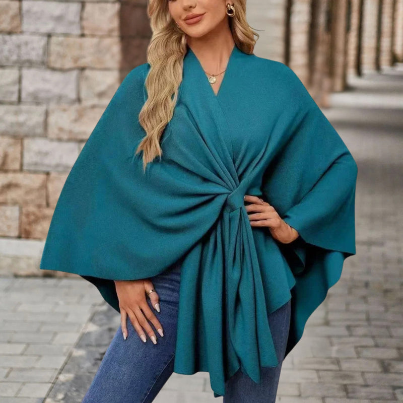 Knitted Poncho Cape for Women with Twist Front and Batwing Sleeves in Teal Blue, front view