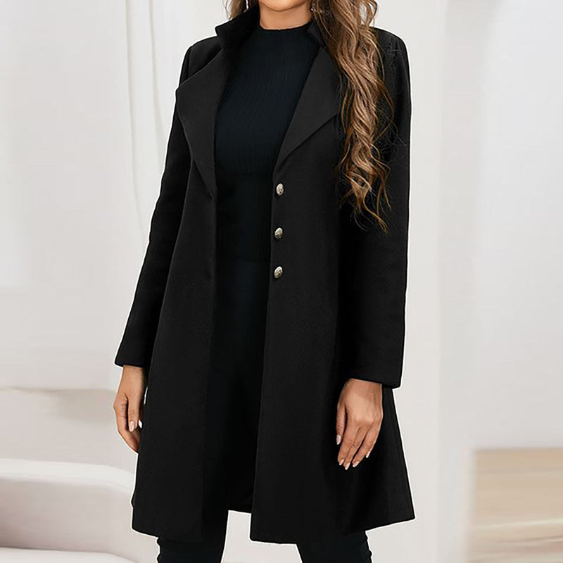 Tailored Longline Wool-Look Coat for Women with Notch Lapels in Black, front view 2