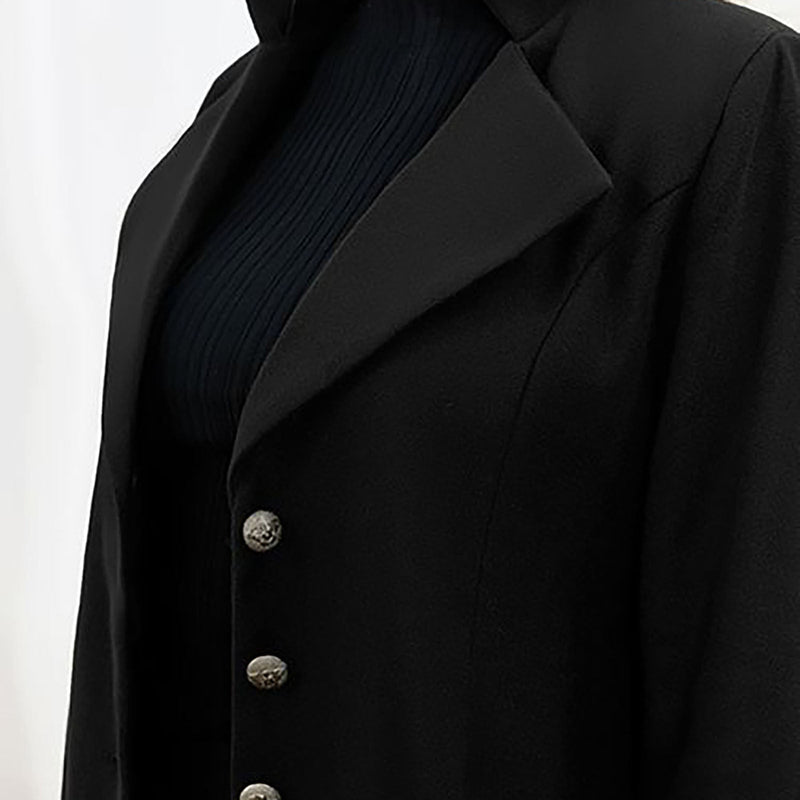 Tailored Longline Wool-Look Coat for Women with Notch Lapels in Black, lapel detail