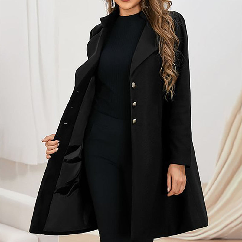 Tailored Longline Wool-Look Coat for Women with Notch Lapels in Black, open front view