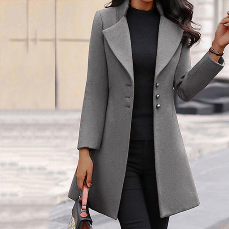 Tailored Longline Wool-Look Coat for Women with Notch Lapels in Gray, front view