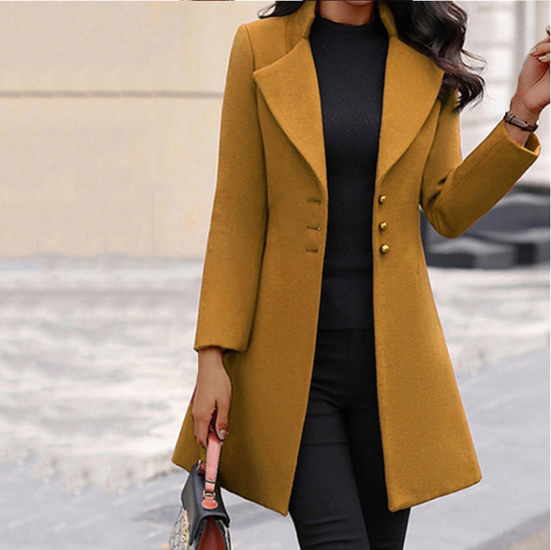 Tailored Longline Wool-Look Coat for Women with Notch Lapels in Yellow, front view