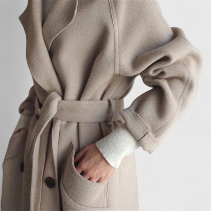 Long Double Breasted Wool-Look Maxi Coat for Women with Tie Belt in Beige, belt and pocket detail