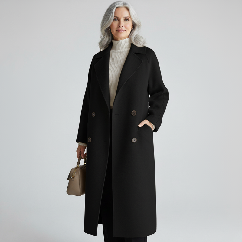 Long Double Breasted Wool-Look Maxi Coat for Women with Tie Belt in Black, front view