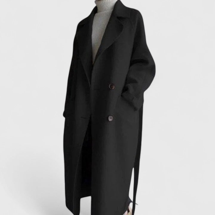 Long Double Breasted Wool-Look Maxi Coat for Women with Tie Belt in Black, side view