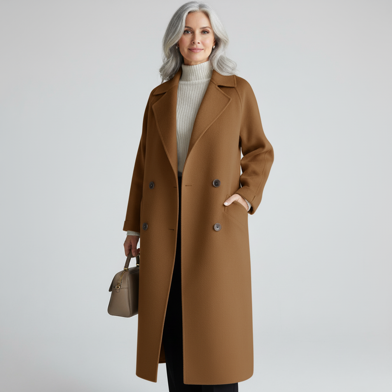 Long Double Breasted Wool-Look Maxi Coat for Women with Tie Belt in Brown, front view