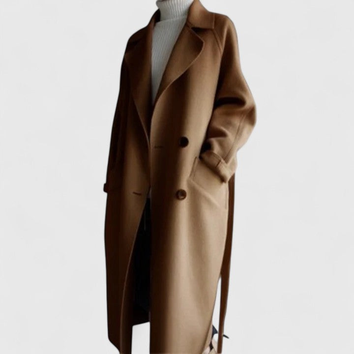 Long Double Breasted Wool-Look Maxi Coat for Women with Tie Belt in Brown, side view