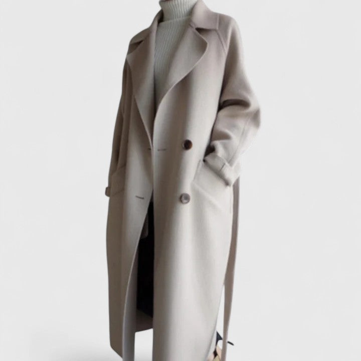 Long Double Breasted Wool-Look Maxi Coat for Women with Tie Belt, side view