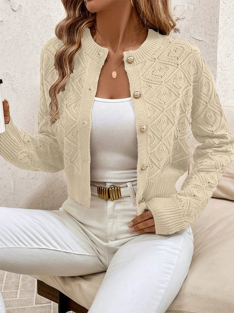 Cardigan Dame Cropped i Strik med Knapper i Beige, produktbillede